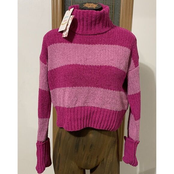 Pink Rose Sweater Size Small Pink Magenta Cowl Roll Neck Soft Striped - Picture 1 of 5